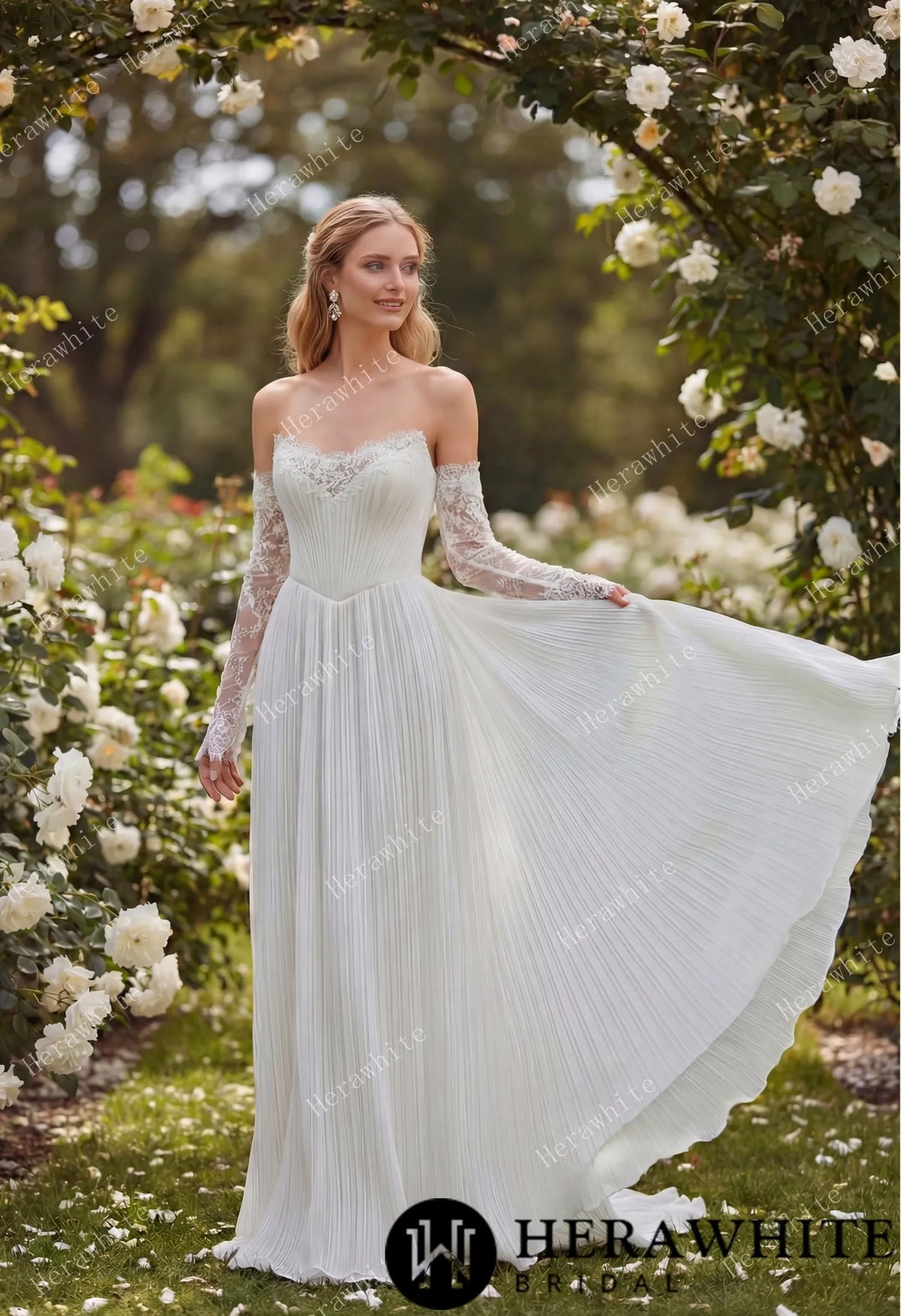 Fluid Pleated Chiffon Bridal Gown with Detachable Lace Sleeves — HW3917 — image 3