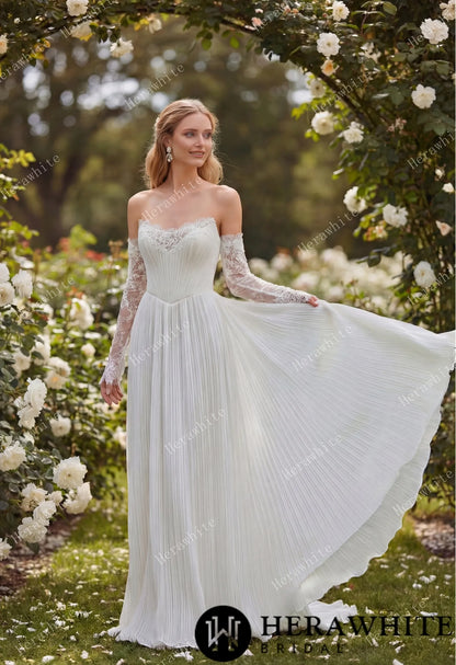 Fluid Pleated Chiffon Bridal Gown with Detachable Lace Sleeves — HW3917 — image 3