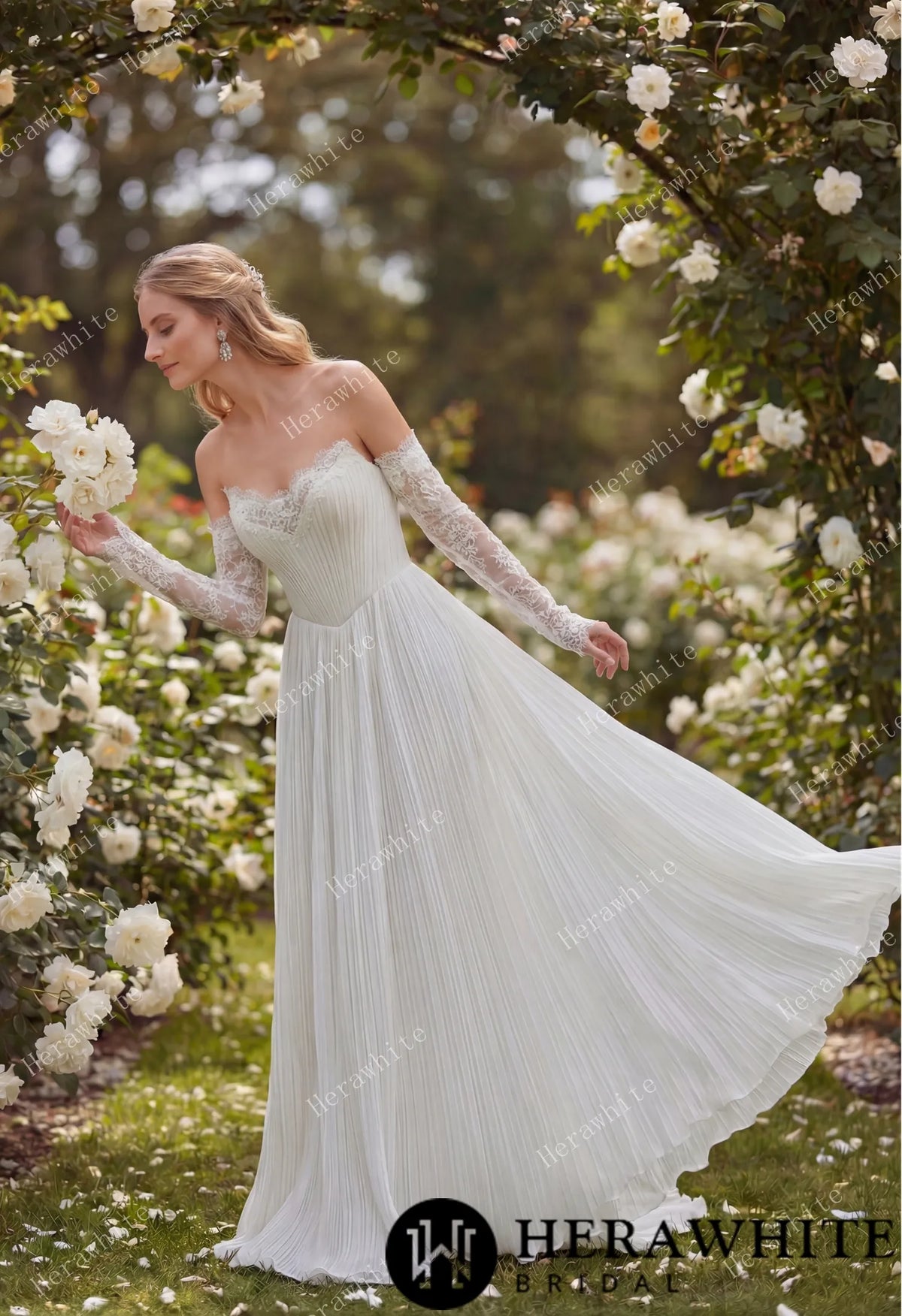Fluid Pleated Chiffon Bridal Gown with Detachable Lace Sleeves — HW3917 — image 4