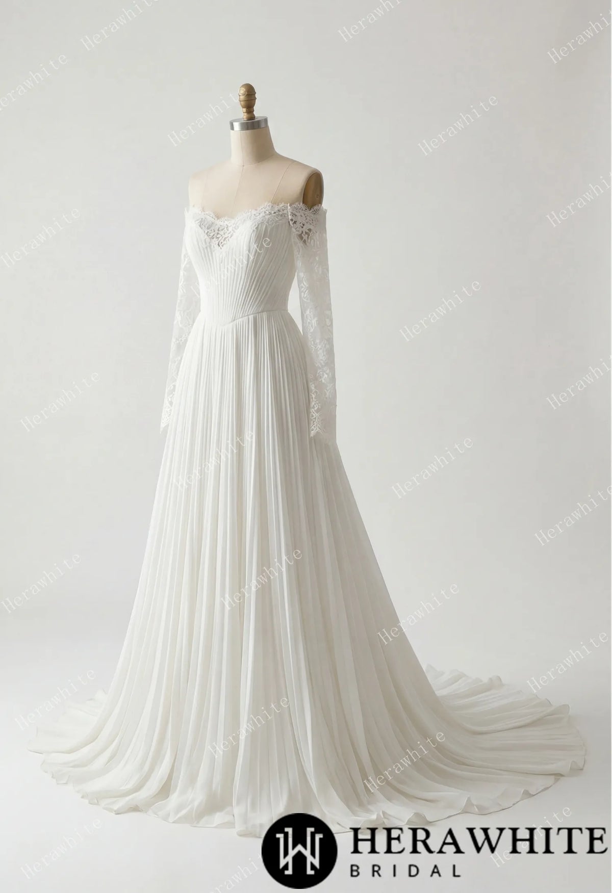 Fluid Pleated Chiffon Bridal Gown with Detachable Lace Sleeves — HW3917 — image 5