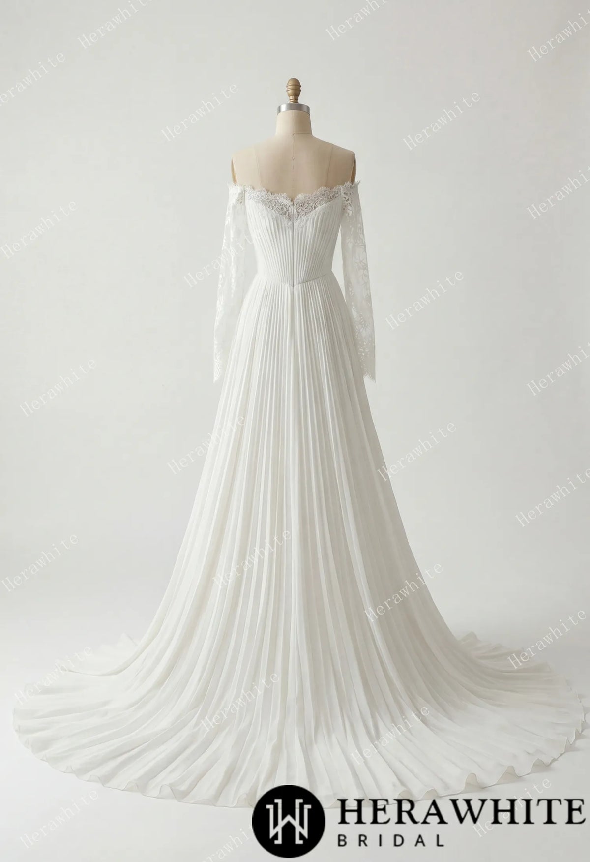 Fluid Pleated Chiffon Bridal Gown with Detachable Lace Sleeves — HW3917 — image 6