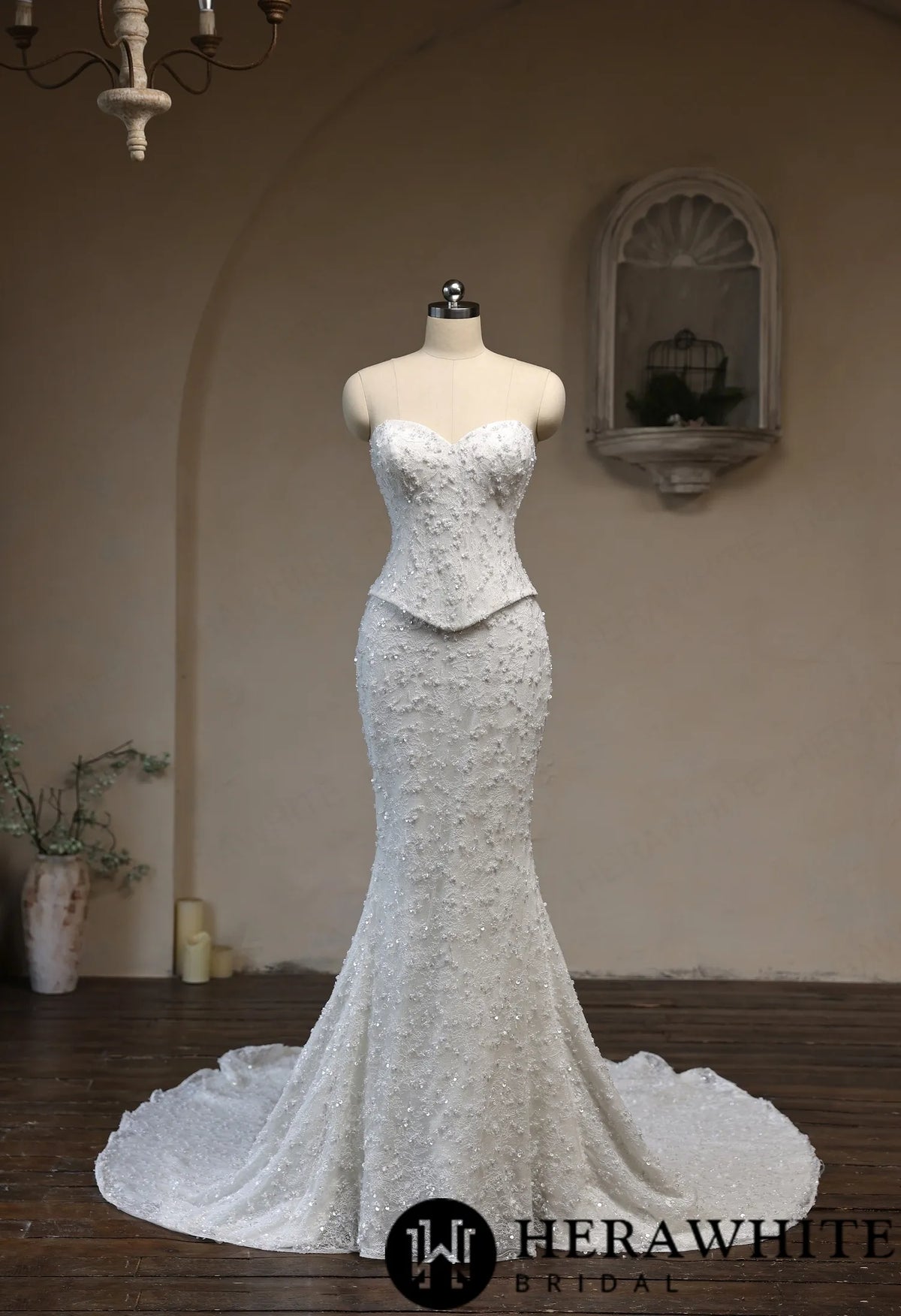 Sweetheart Fit-and-Flare Beaded Lace Wedding Dress — HW3942 A+B — image 4