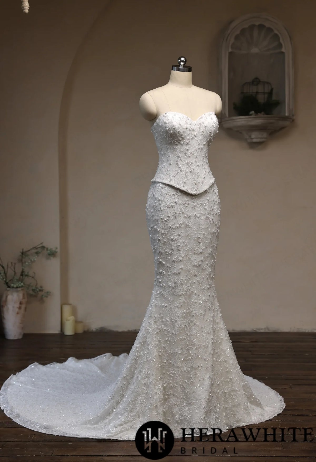 Sweetheart Fit-and-Flare Beaded Lace Wedding Dress — HW3942 A+B — image 5