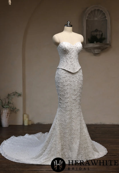 Sweetheart Fit-and-Flare Beaded Lace Wedding Dress — HW3942 A+B — image 5