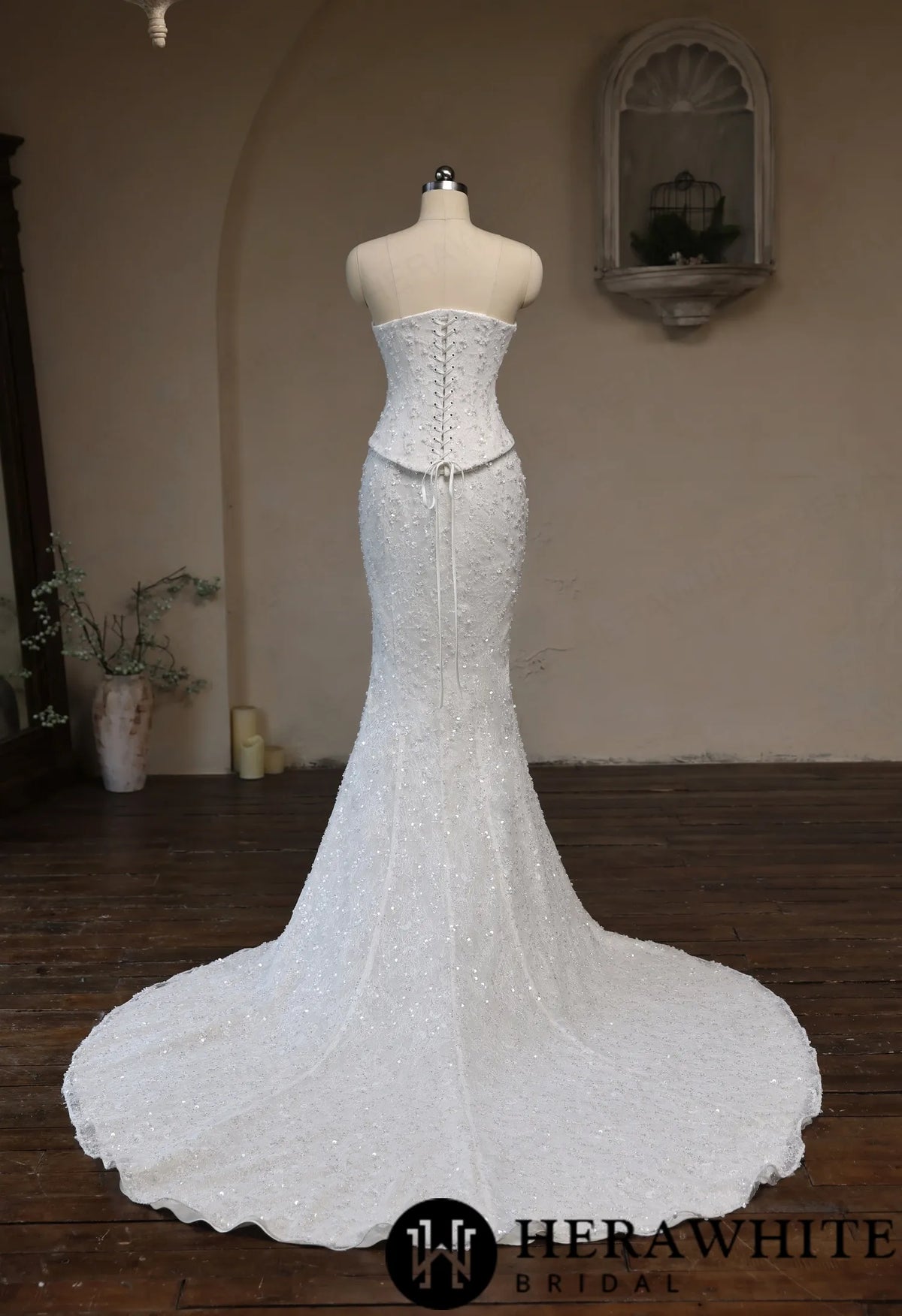 Sweetheart Fit-and-Flare Beaded Lace Wedding Dress — HW3942 A+B — image 7