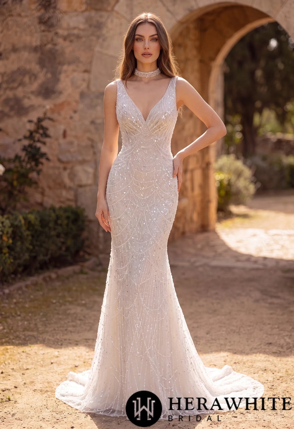 Deep-V Mermaid Beaded Lace Wedding Dress with Choker — HW3967 — image 1