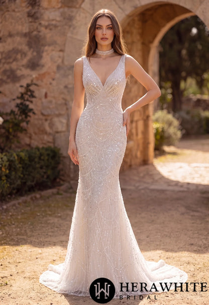 Deep-V Mermaid Beaded Lace Wedding Dress with Choker — HW3967 — image 1
