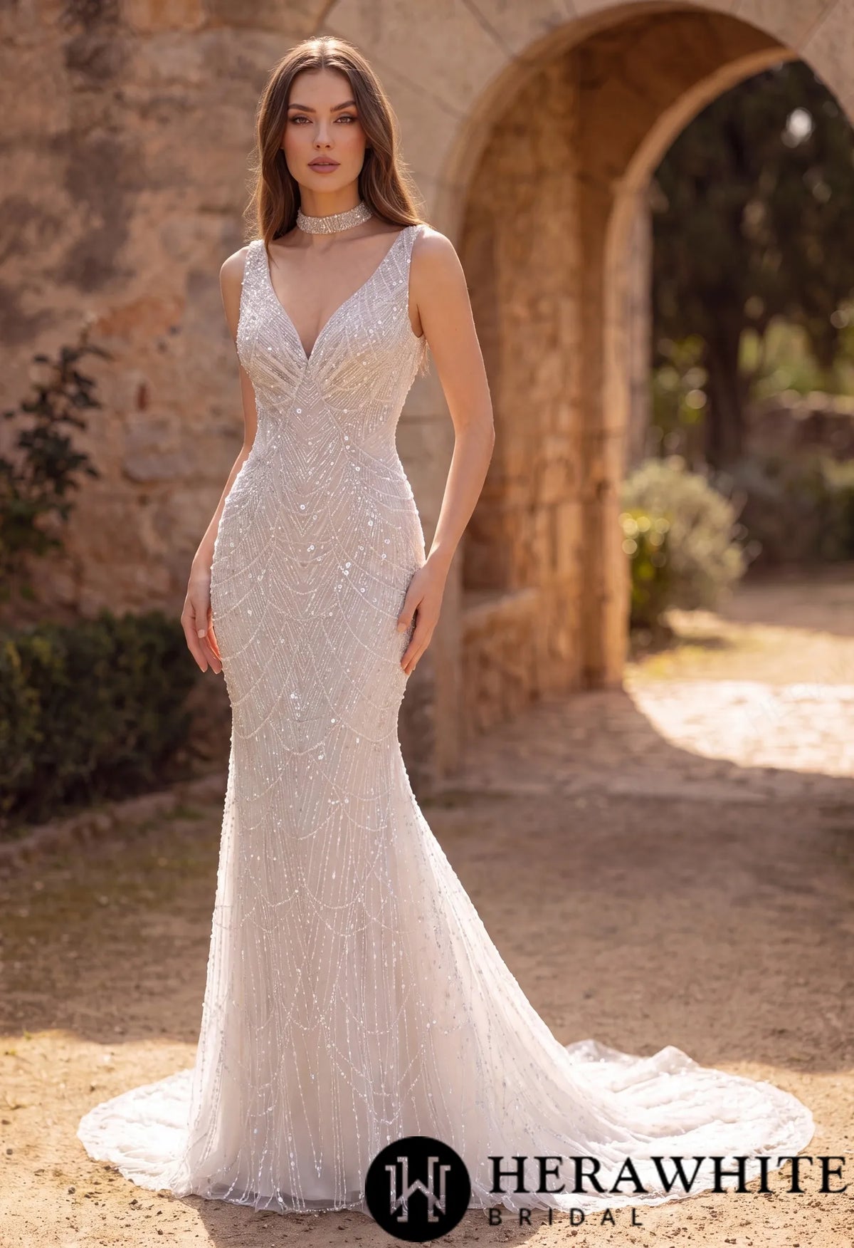 Deep-V Mermaid Beaded Lace Wedding Dress with Choker — HW3967 — image 2