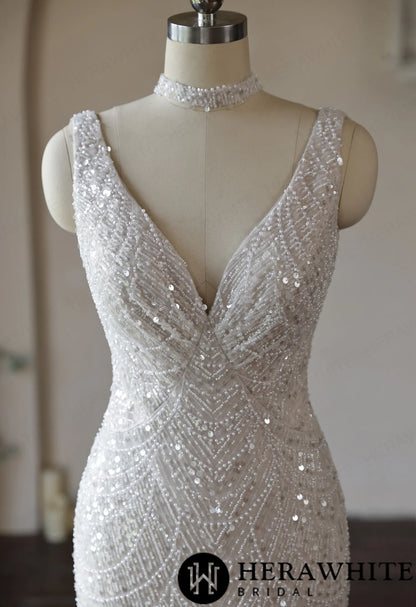 Deep-V Mermaid Beaded Lace Wedding Dress with Choker — HW3967 — image 5