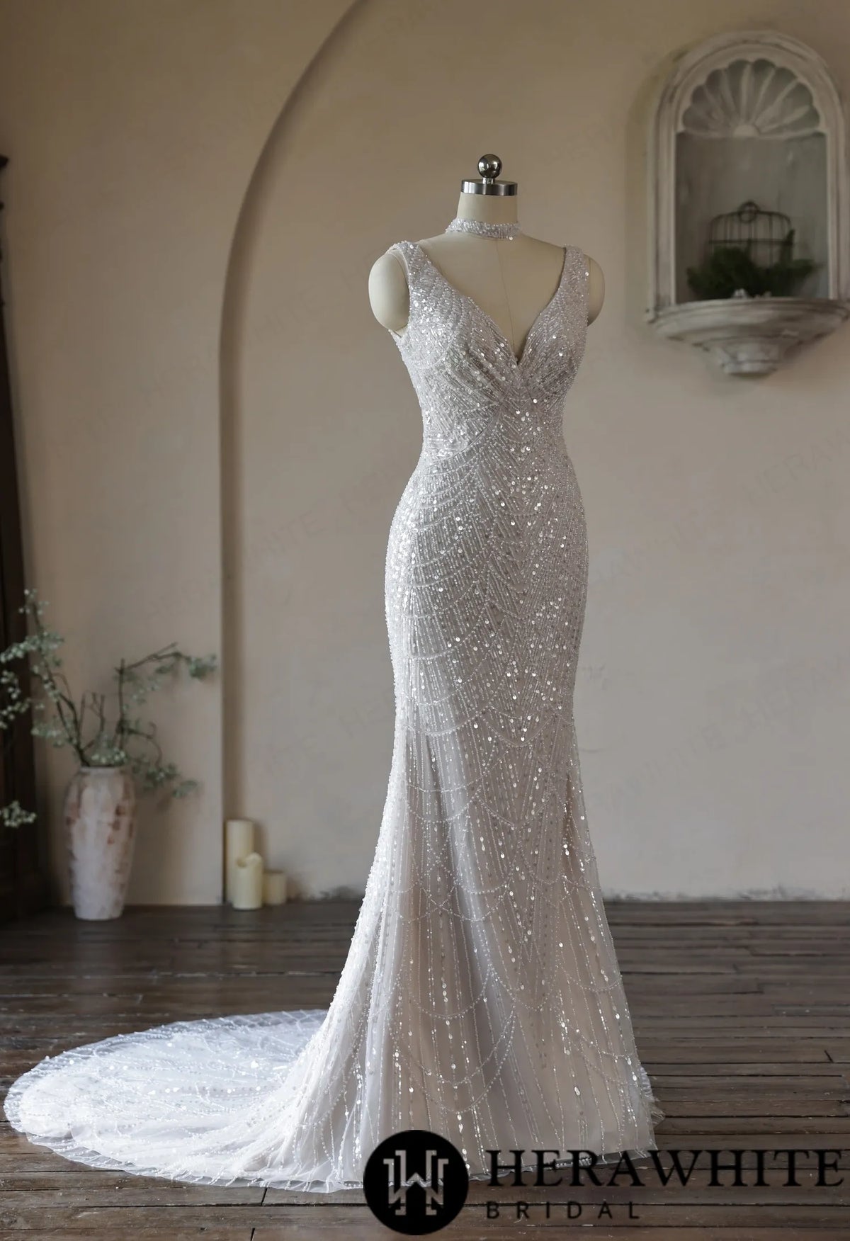 Deep-V Mermaid Beaded Lace Wedding Dress with Choker — HW3967 — image 6