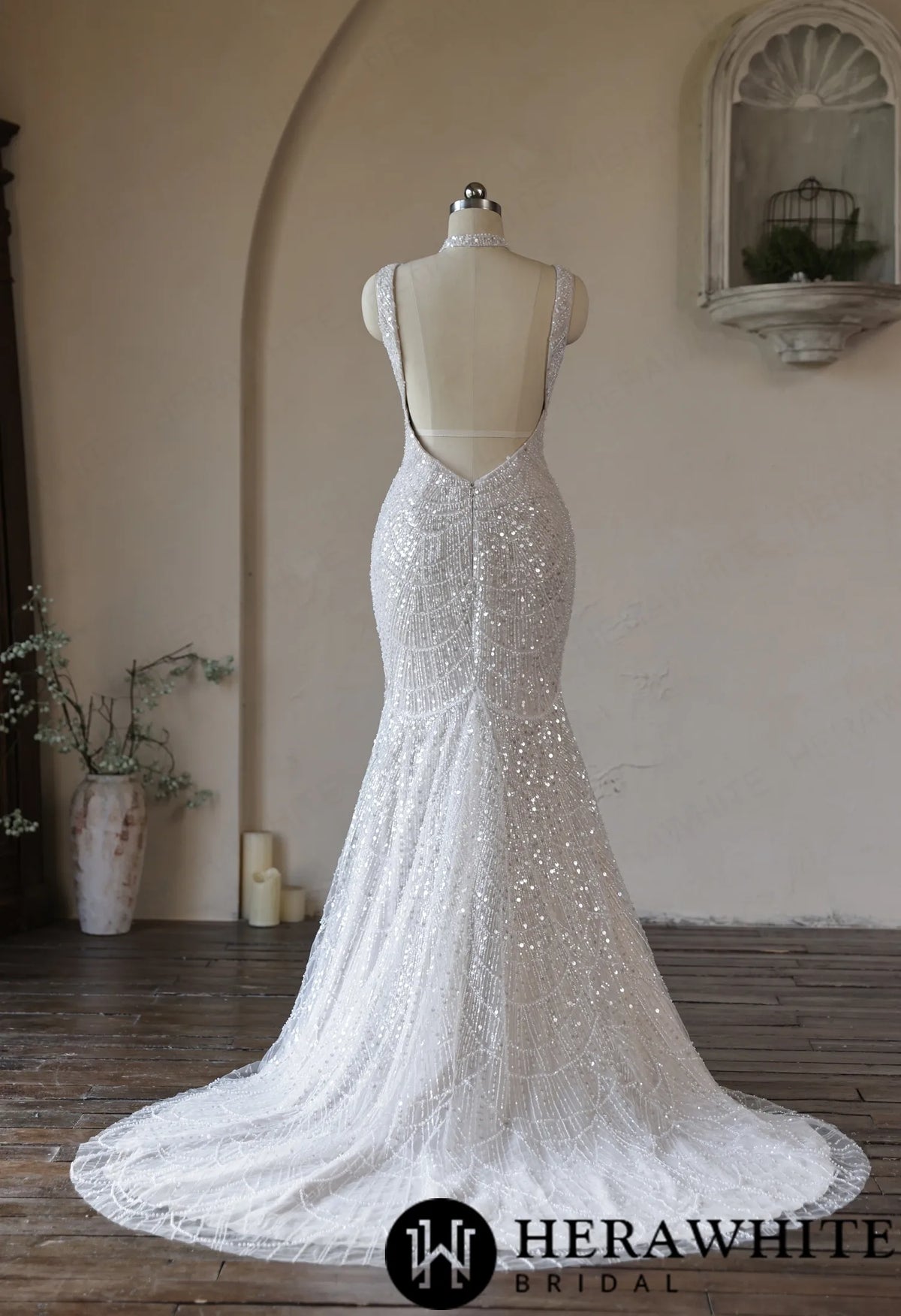 Deep-V Mermaid Beaded Lace Wedding Dress with Choker — HW3967 — image 7