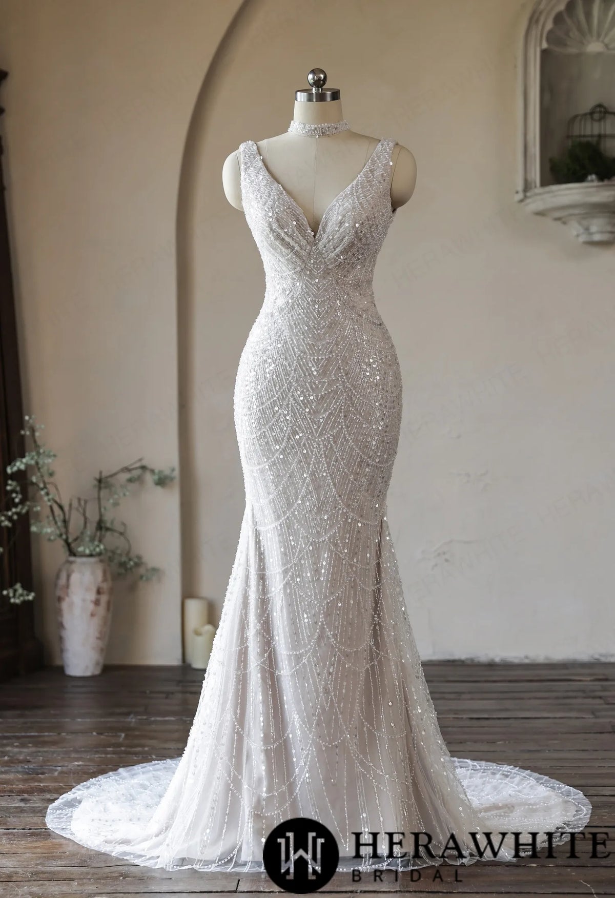 Deep-V Mermaid Beaded Lace Wedding Dress with Choker — HW3967 — image 8