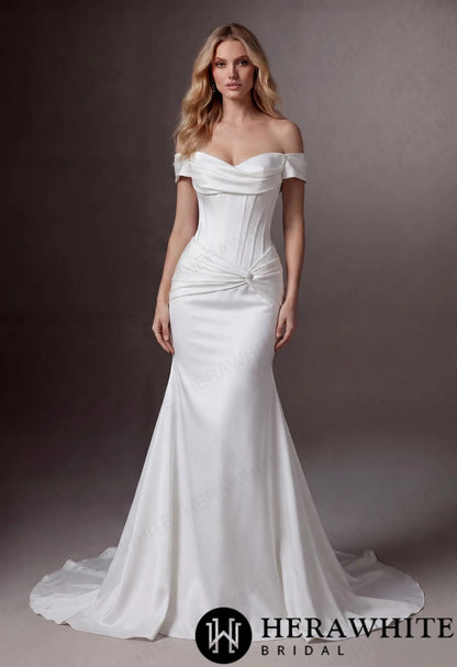 Off-the-Shoulder Satin Corset Mermaid Wedding Gown with Twisted Waist Detail — HW3986 — image 1