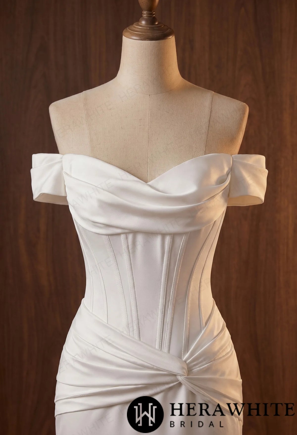 Off-the-Shoulder Satin Corset Mermaid Wedding Gown with Twisted Waist Detail — HW3986 — image 3