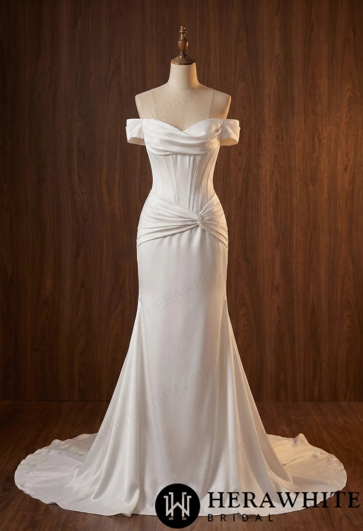 Off-the-Shoulder Satin Corset Mermaid Wedding Gown with Twisted Waist Detail — HW3986 — image 4