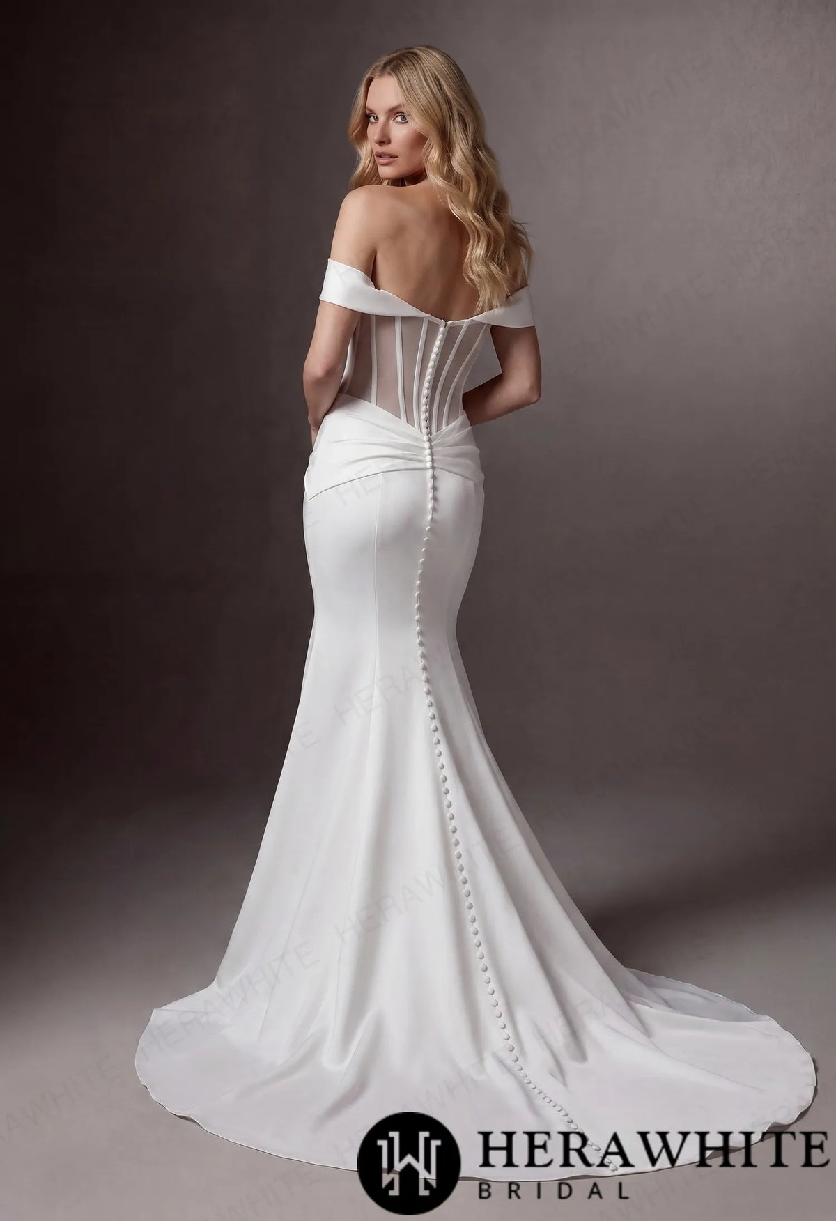 Off-the-Shoulder Satin Corset Mermaid Wedding Gown with Twisted Waist Detail — HW3986 — image 5