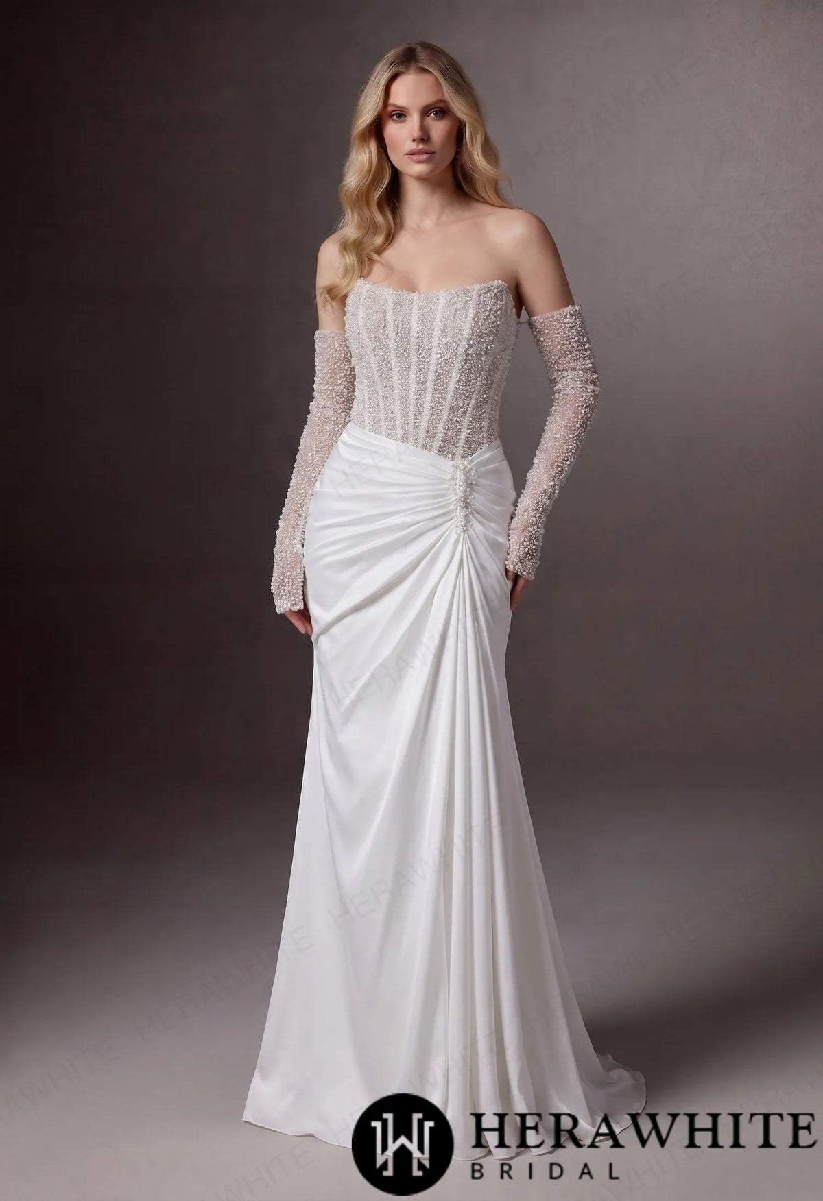 Strapless Beaded Corset Mermaid Wedding Gown with Detachable Long Sleeves — HW3987 — image 1