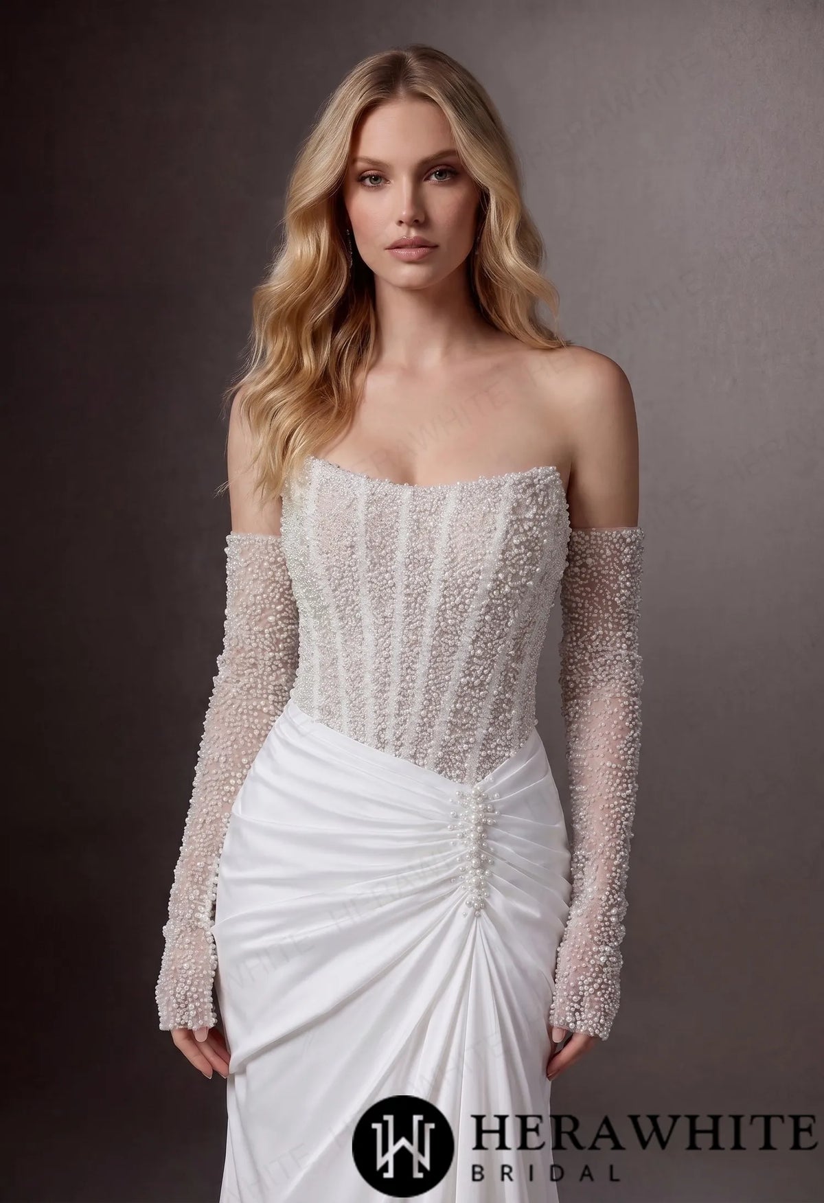 Strapless Beaded Corset Mermaid Wedding Gown with Detachable Long Sleeves — HW3987 — image 2