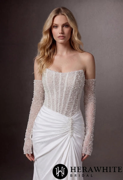 Strapless Beaded Corset Mermaid Wedding Gown with Detachable Long Sleeves — HW3987 — image 2