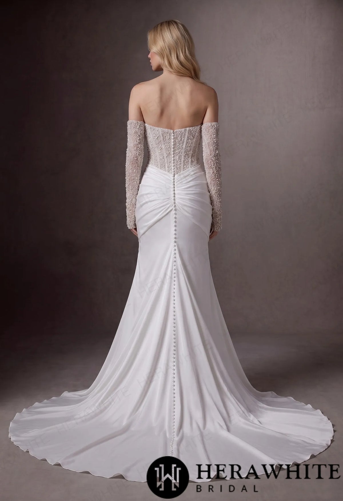 Strapless Beaded Corset Mermaid Wedding Gown with Detachable Long Sleeves — HW3987 — image 3