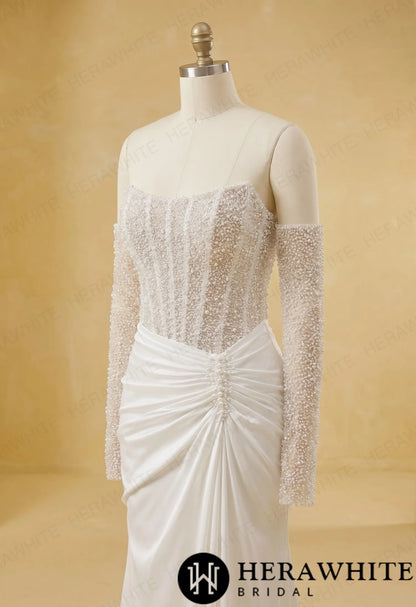 Strapless Beaded Corset Mermaid Wedding Gown with Detachable Long Sleeves — HW3987 — image 4