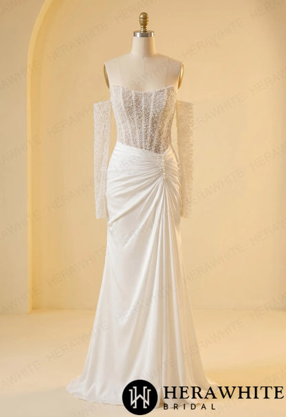 Strapless Beaded Corset Mermaid Wedding Gown with Detachable Long Sleeves — HW3987 — image 5