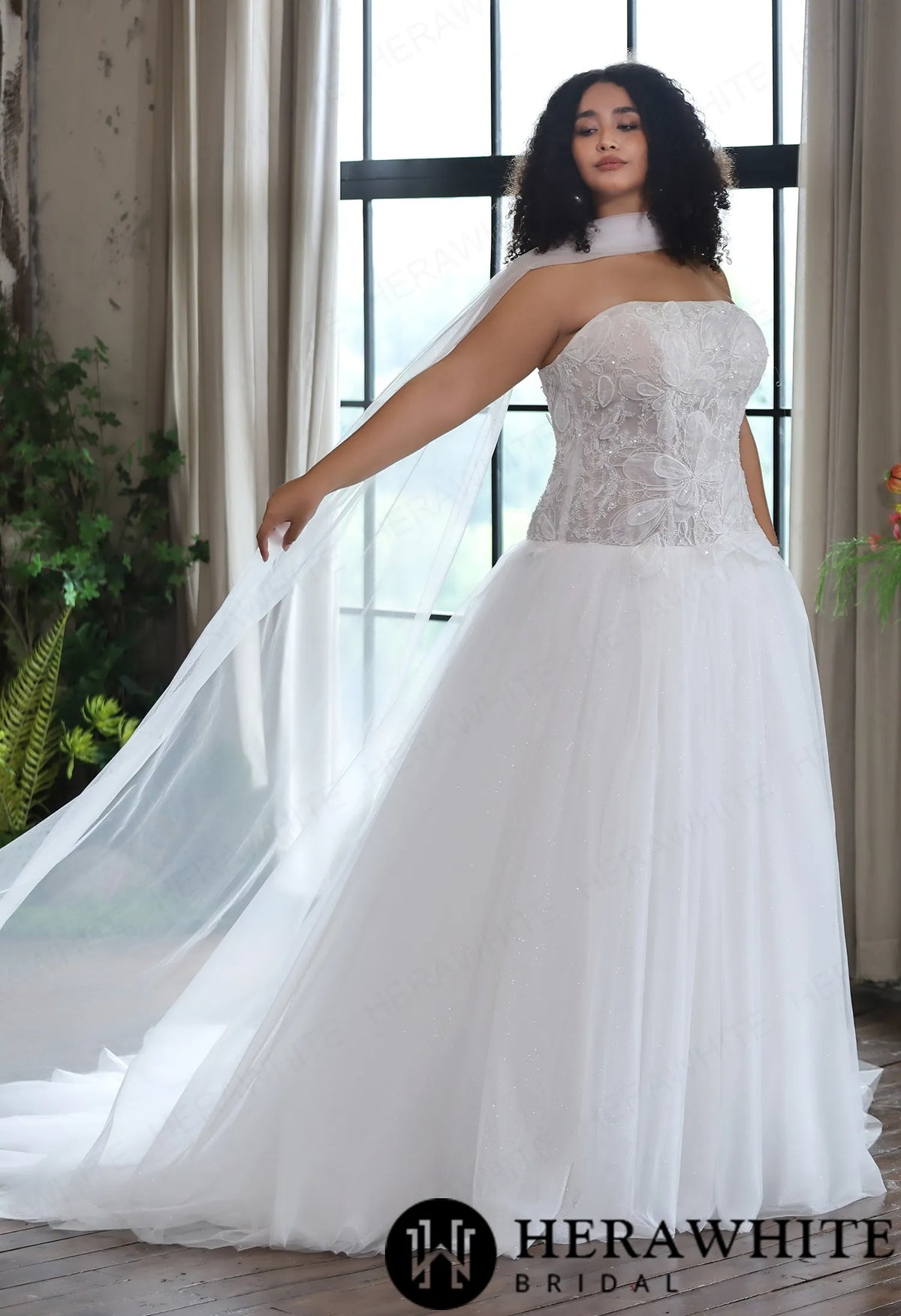 Romantic Glitter Tulle Ballgown with Detachable Shawl — HW4045 — image 5