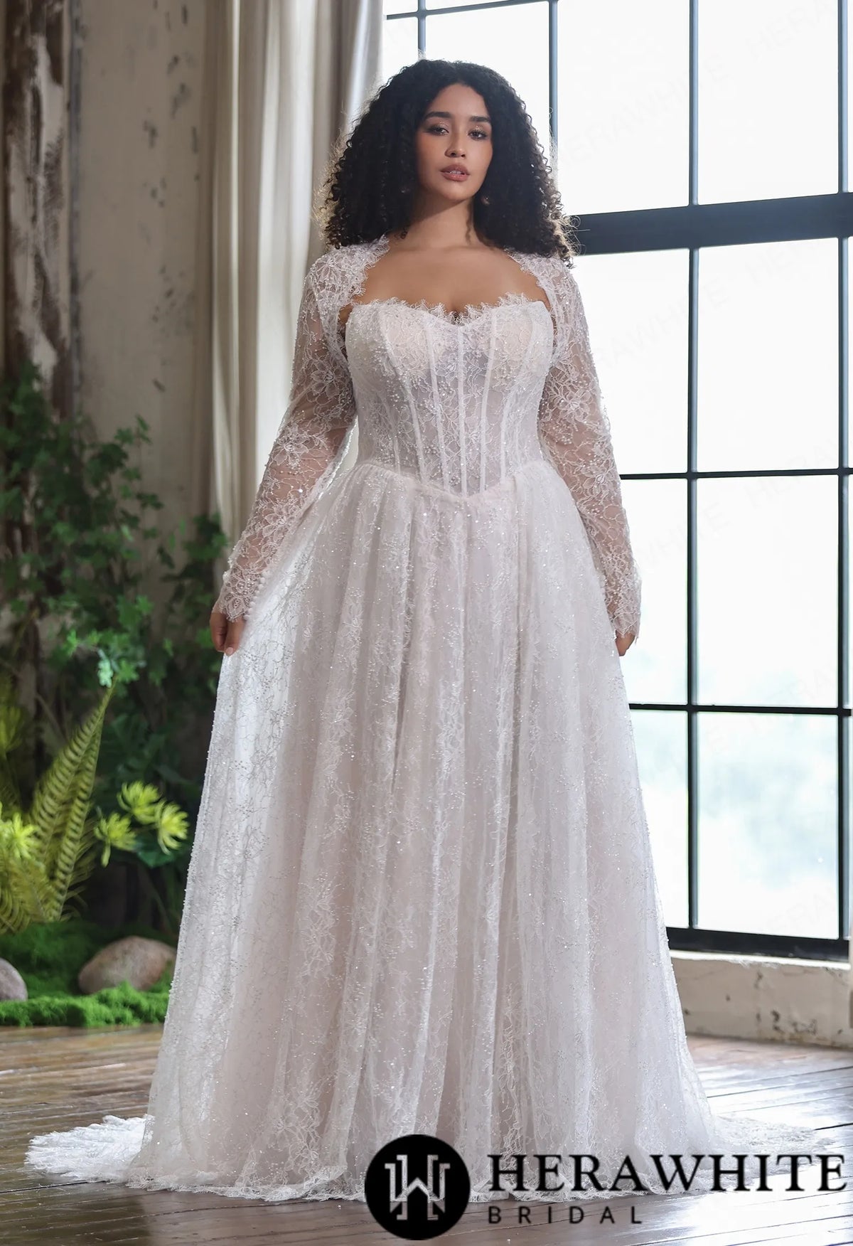 Sparkle Chantilly Lace Sweetheart  A-Line Gown with Basque Waistline — HW4058 — image 1