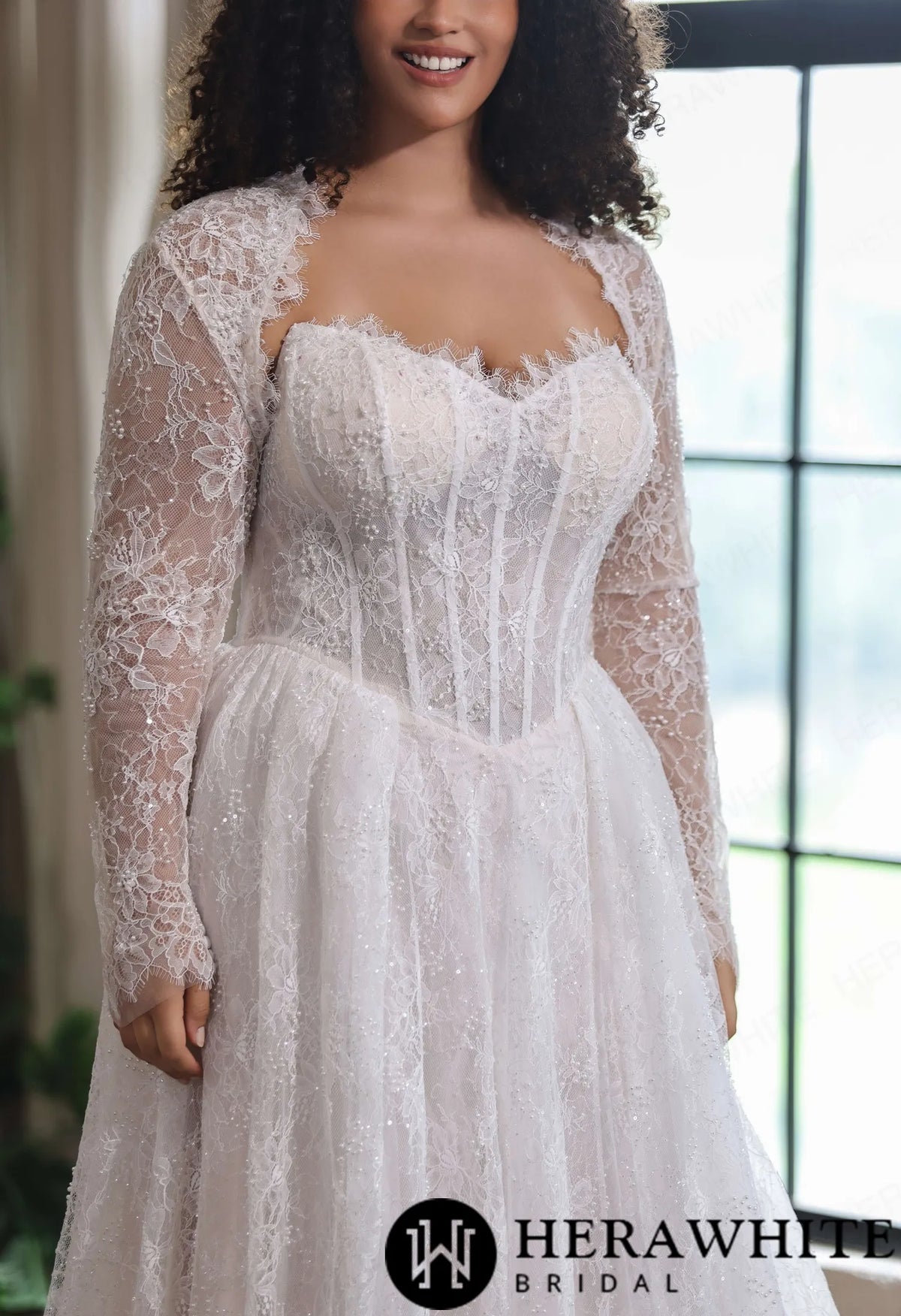 Sparkle Chantilly Lace Sweetheart  A-Line Gown with Basque Waistline — HW4058 — image 4