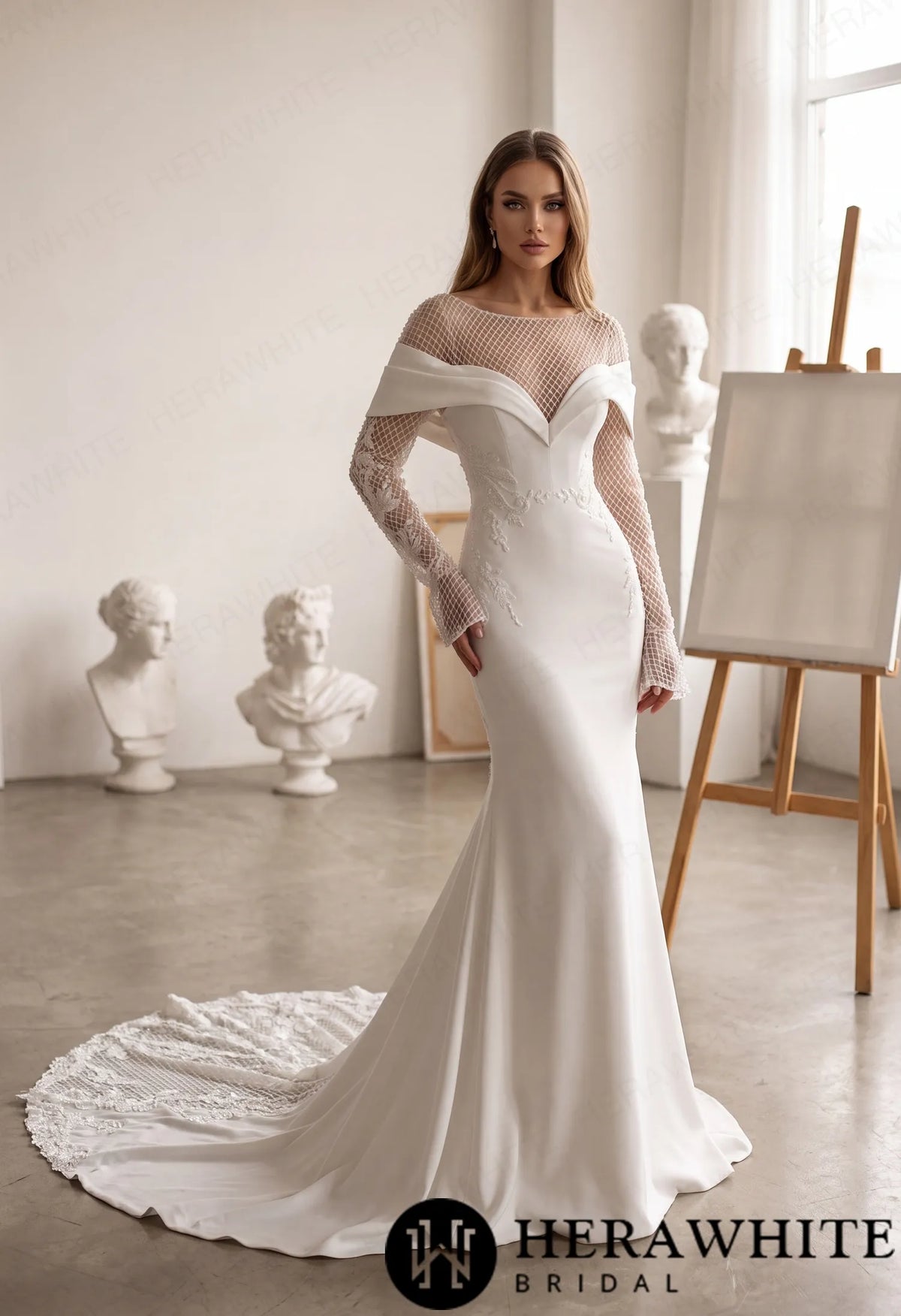 Off-Shoulder Fit-and-Flare Crepe Wedding Dress HW4096 — HW4096 — image 1
