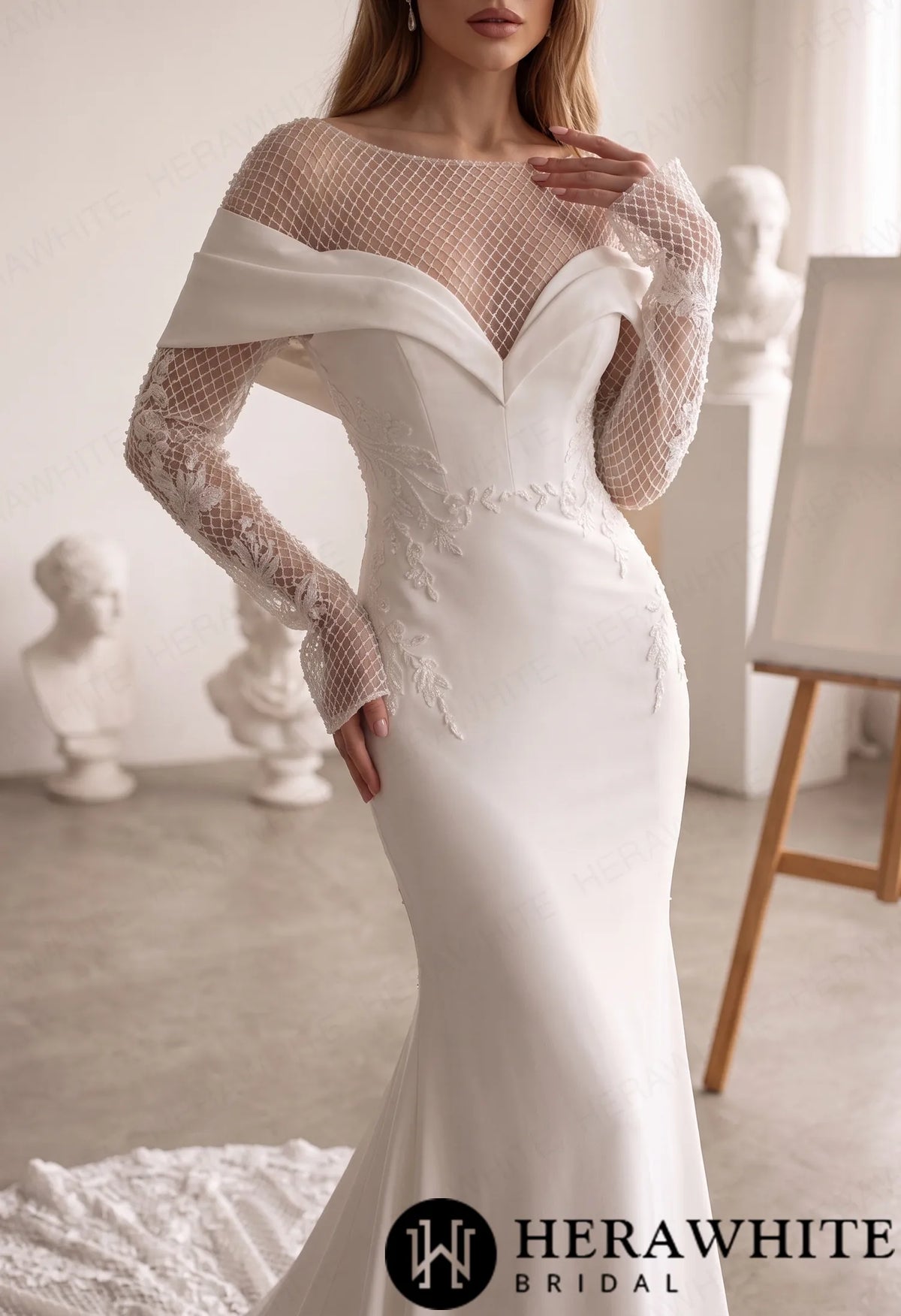Off-Shoulder Fit-and-Flare Crepe Wedding Dress HW4096 — HW4096 — image 3