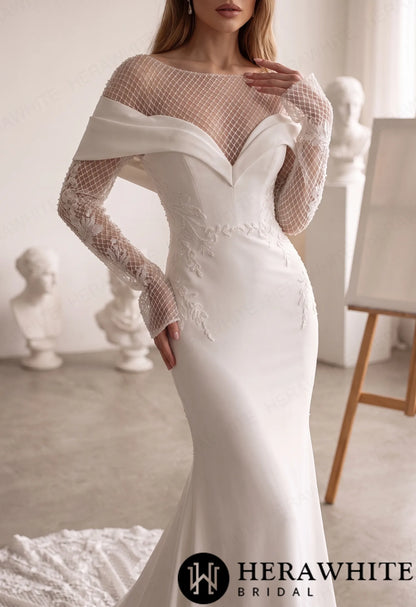 Off-Shoulder Fit-and-Flare Crepe Wedding Dress HW4096 — HW4096 — image 3