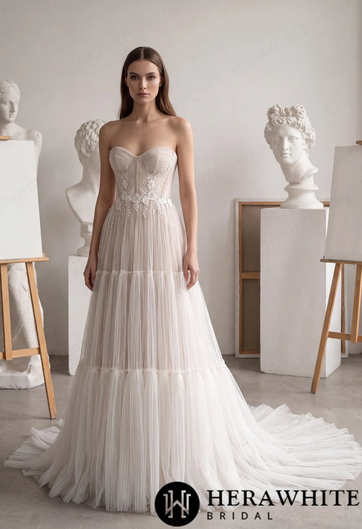 Tiered A-Line Tulle Wedding Dress with Floral Lace HW4097 — HW4097 — image 1