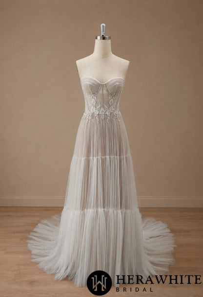 Tiered A-Line Tulle Wedding Dress with Floral Lace HW4097 — HW4097 — image 4