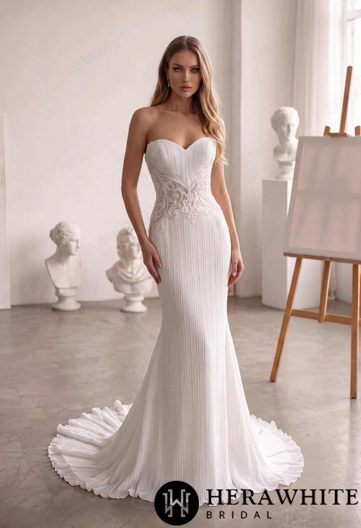 Strapless Mermaid Wedding Gown - Crushed Chiffon Lace — HW4098 — image 1