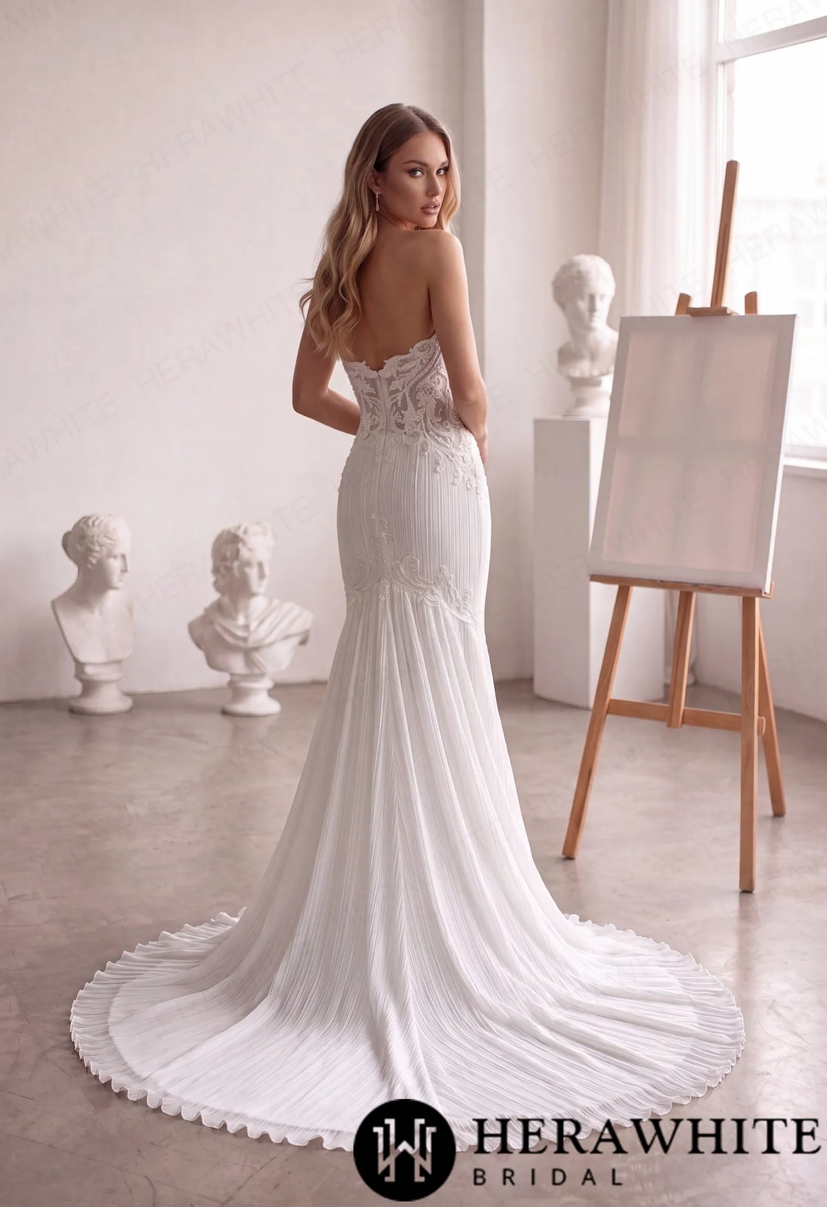 Strapless Mermaid Wedding Gown - Crushed Chiffon Lace — HW4098 — image 3
