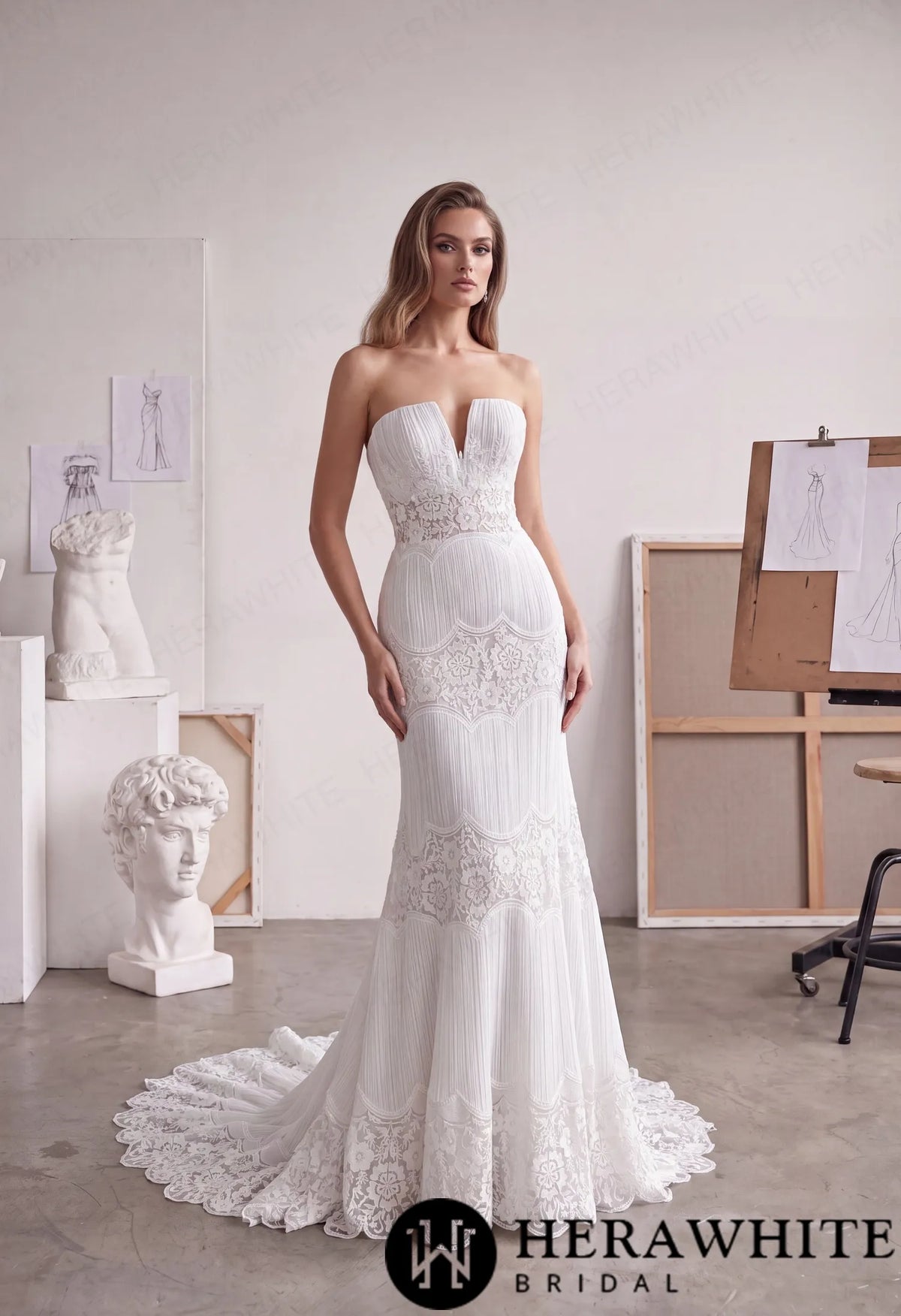 V-Notch Sheath Wedding Dress - Scalloped Floral Lace — HW4099 — image 1
