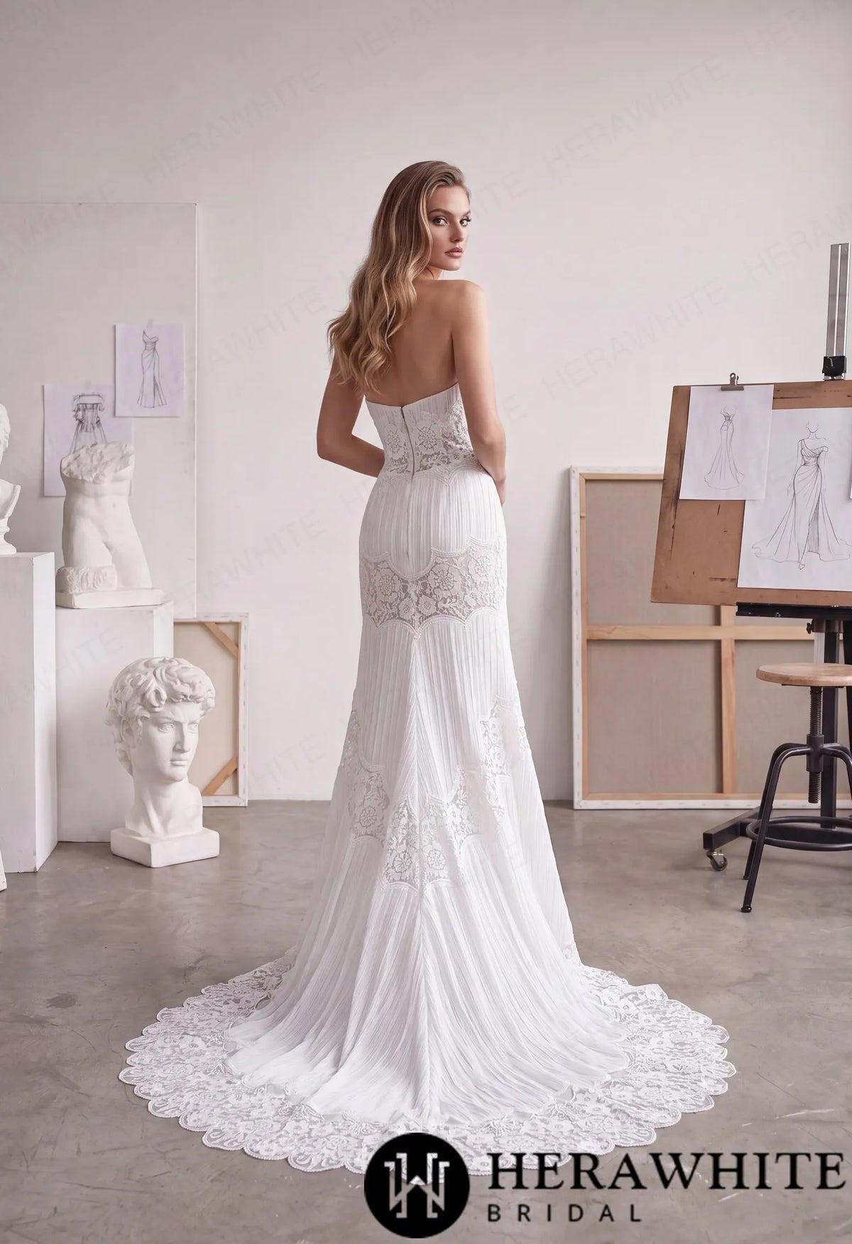 V-Notch Sheath Wedding Dress - Scalloped Floral Lace — HW4099 — image 3