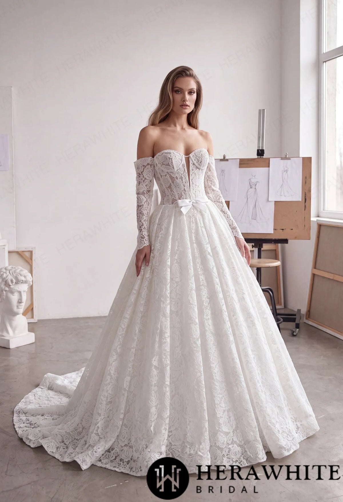 Plunge Illusion Lace Wedding Dress - Off-Shoulder HW4100 — HW4100 — image 1