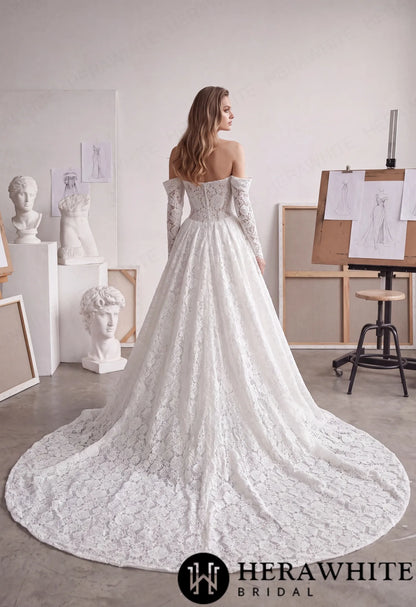 Plunge Illusion Lace Wedding Dress - Off-Shoulder HW4100 — HW4100 — image 3
