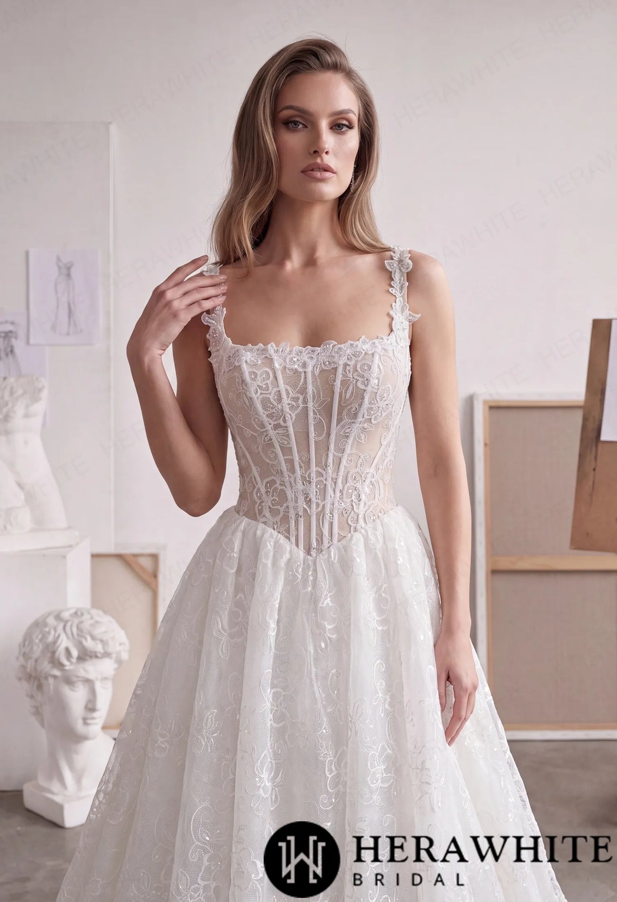 Square Neck Lace A-Line Wedding Dress with Floral Straps HW4101 — HW4101 — image 2