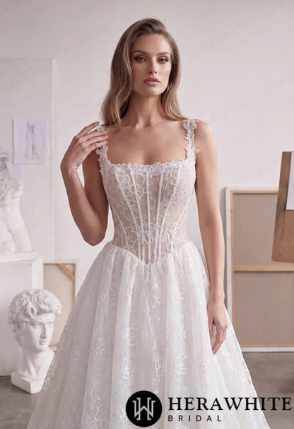 Square Neck Lace A-Line Wedding Dress with Floral Straps HW4101 — HW4101 — image 2
