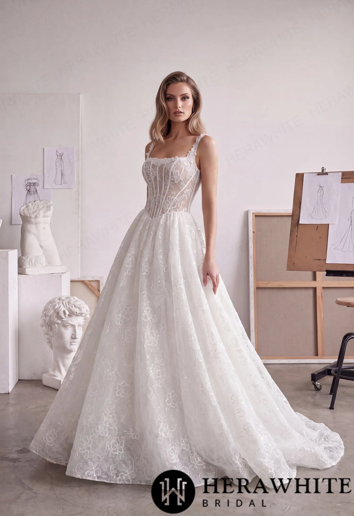 Square Neck Lace A-Line Wedding Dress with Floral Straps HW4101 — HW4101 — image 3