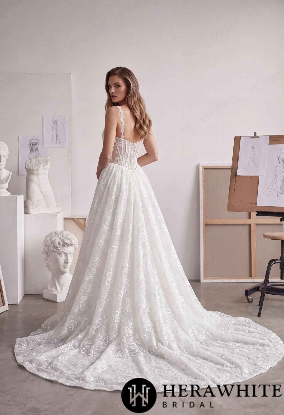Square Neck Lace A-Line Wedding Dress with Floral Straps HW4101 — HW4101 — image 4