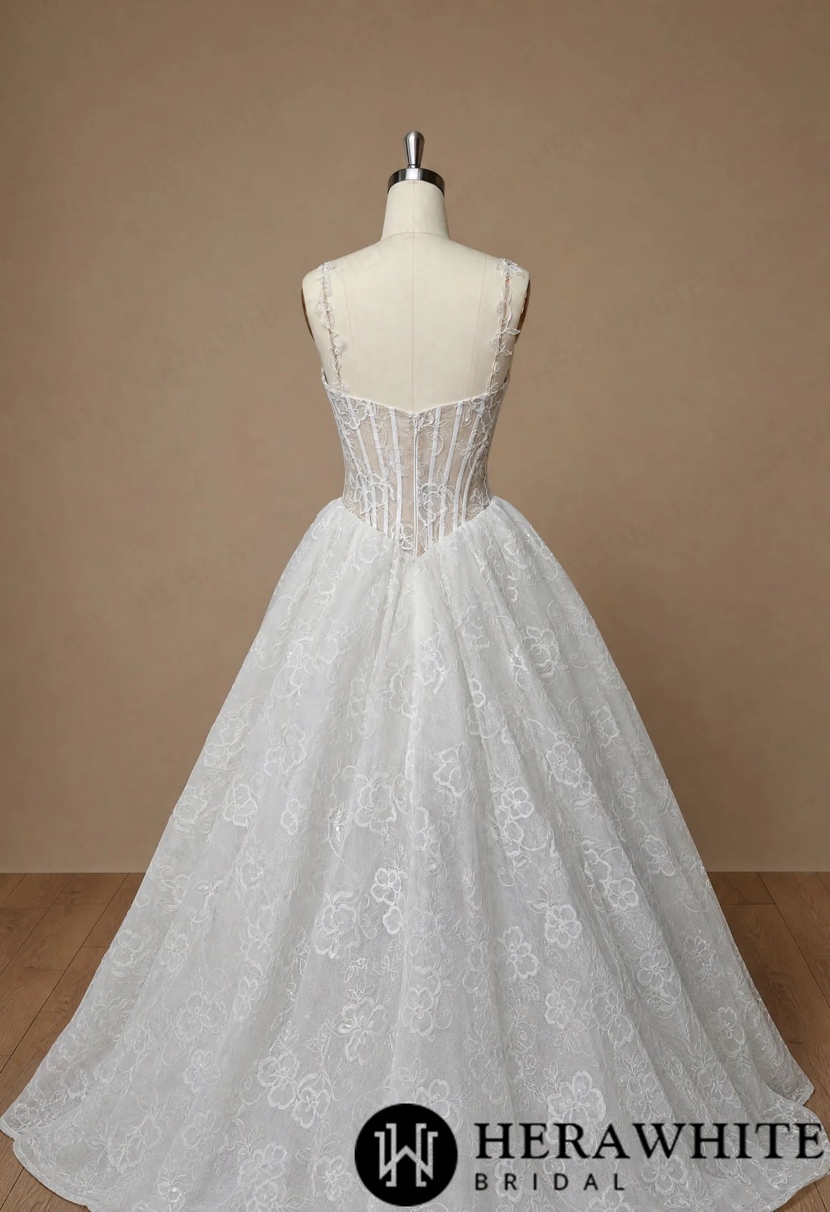 Square Neck Lace A-Line Wedding Dress with Floral Straps HW4101 — HW4101 — image 5