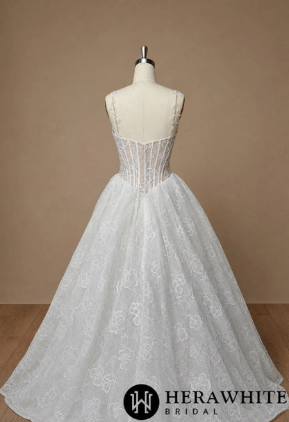 Square Neck Lace A-Line Wedding Dress with Floral Straps HW4101 — HW4101 — image 5