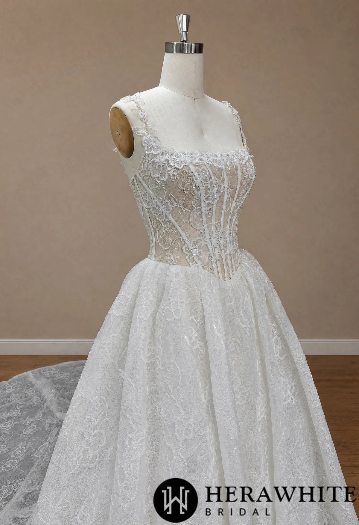 Square Neck Lace A-Line Wedding Dress with Floral Straps HW4101 — HW4101 — image 6
