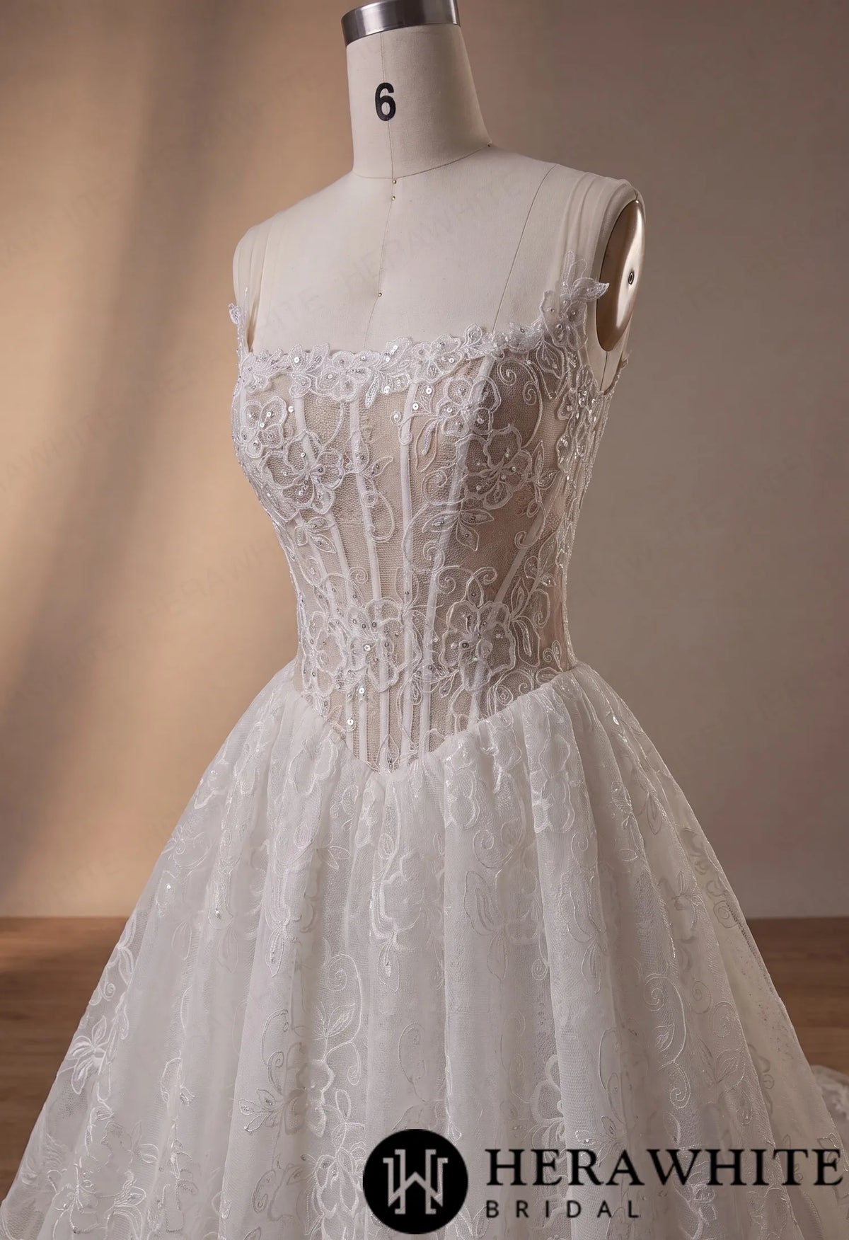 Square Neck Lace A-Line Wedding Dress with Floral Straps HW4101 — HW4101 — image 7