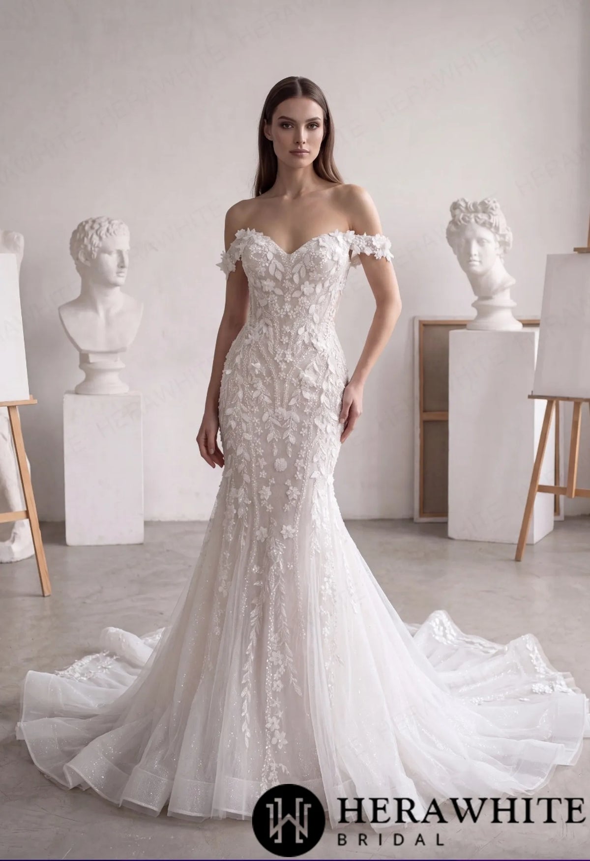 Off-Shoulder Lace Mermaid Wedding Dress with 3D Floral HW4102 — HW4102 — image 1