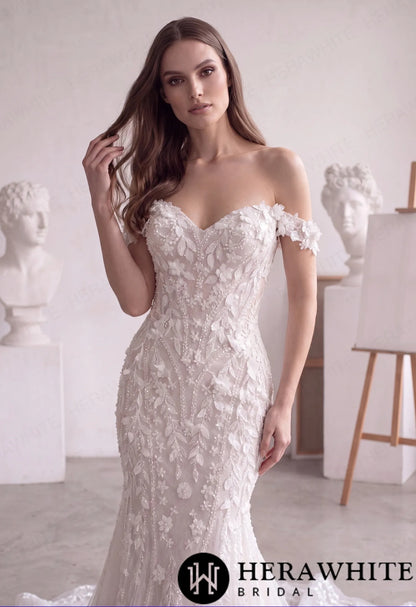 Off-Shoulder Lace Mermaid Wedding Dress with 3D Floral HW4102 — HW4102 — image 2